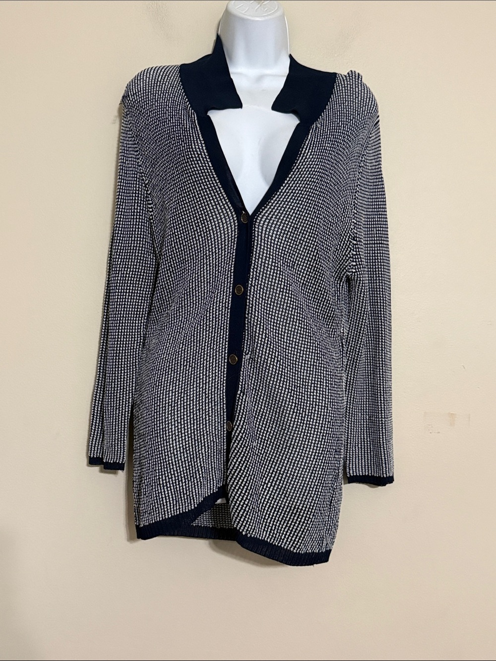 J. Peterman Navy White Striped Cardigan women L button down casual office Y2K